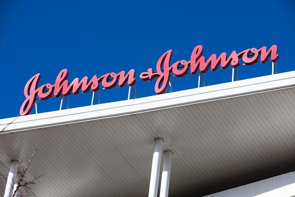 MADRID, SPAIN – NOVEMBER 19: A sign for Johnson & Johnson is seen outside the Johnson & Johnson headquarters on November 19, 2020 in Madrid, Spain. (Photo by David Benito/Getty Images)